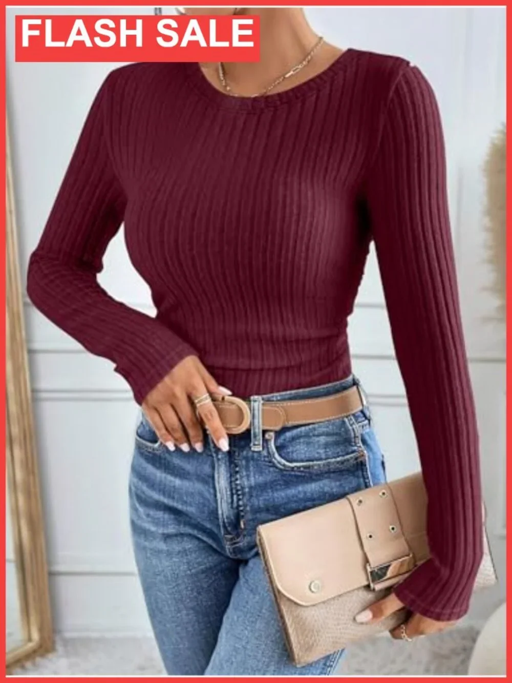 Long Sleeve Ribbed Fitted Top Slim Fit Crew Neck T-Shirt